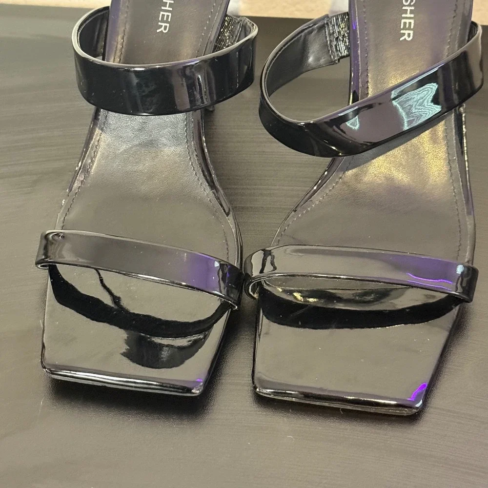 Marc Fisher Black Patent Square Toe Heeled‎ Slide Sandals Womens 8 M Zasha
